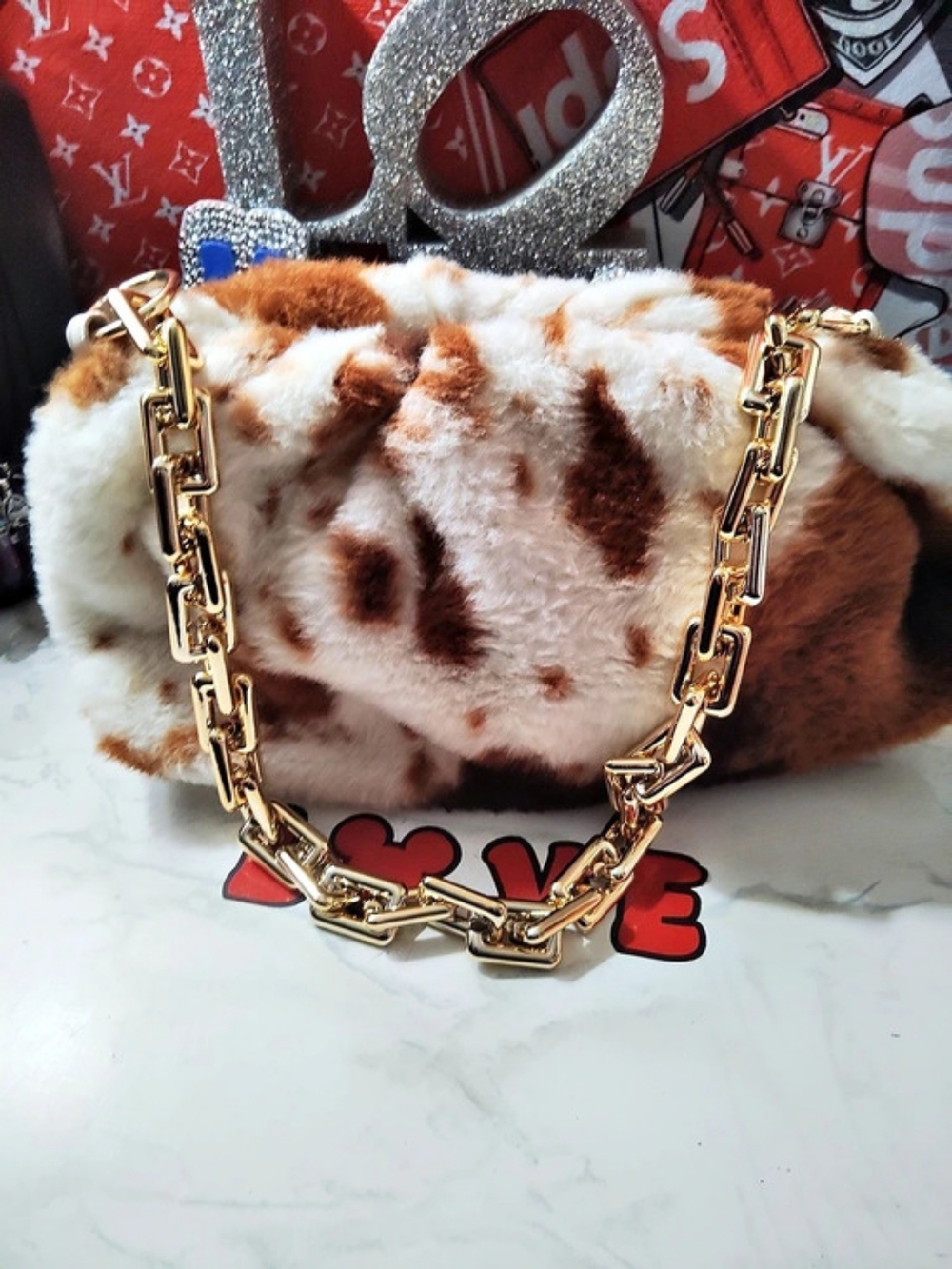 Faux Fur Animal Print Shoulder Bag in Brown & White